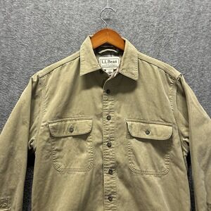 LL Bean LS Cotton Khaki Canvas Shirt Plaid Flannel Lined Men's Size Small